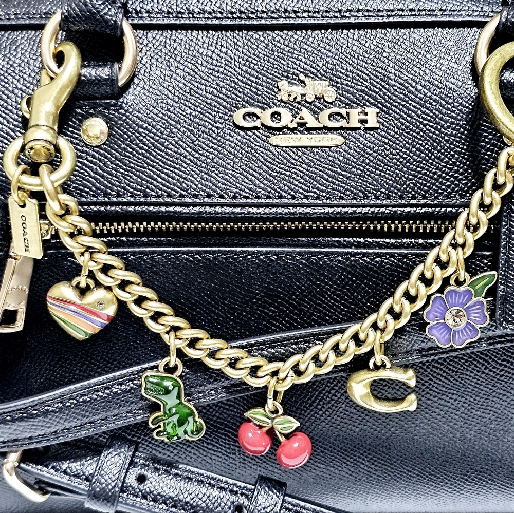 Coach Bag Charm CN119 Coach Motif Chain Rexy Tea Rose Cherries Heart Brass Swag